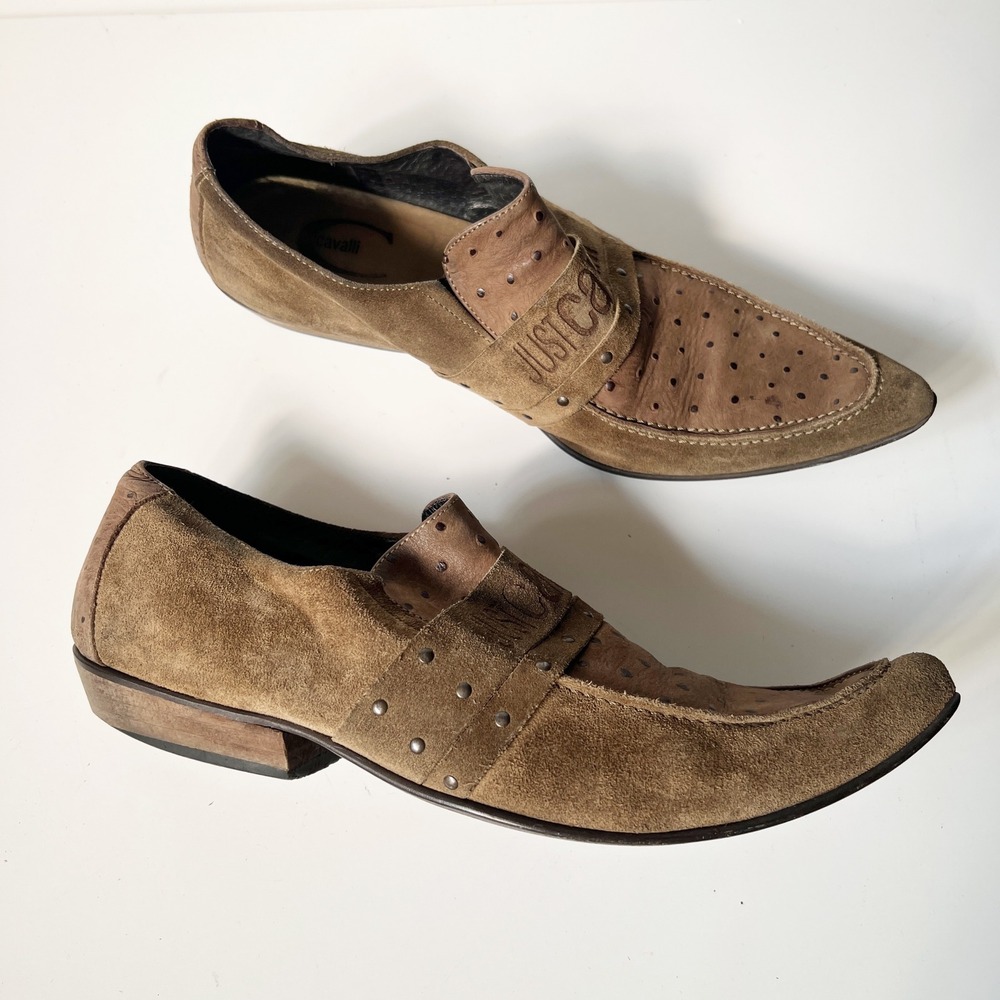 Vintage Just Cavalli Loafers 44 / 11 Brown Suede Leather Pointed Toe Avant Garde